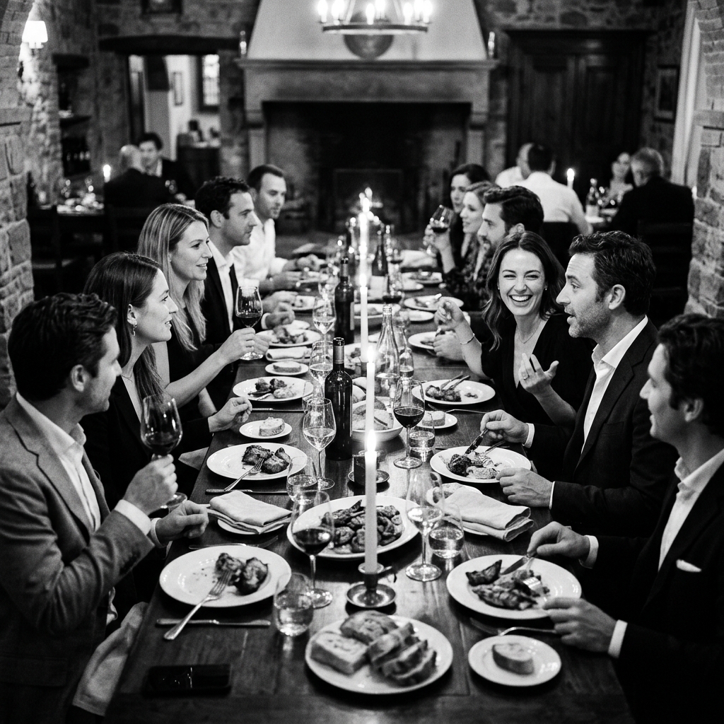 Cena alrededor de una larga mesa, estilo editorial en blanco y negro.