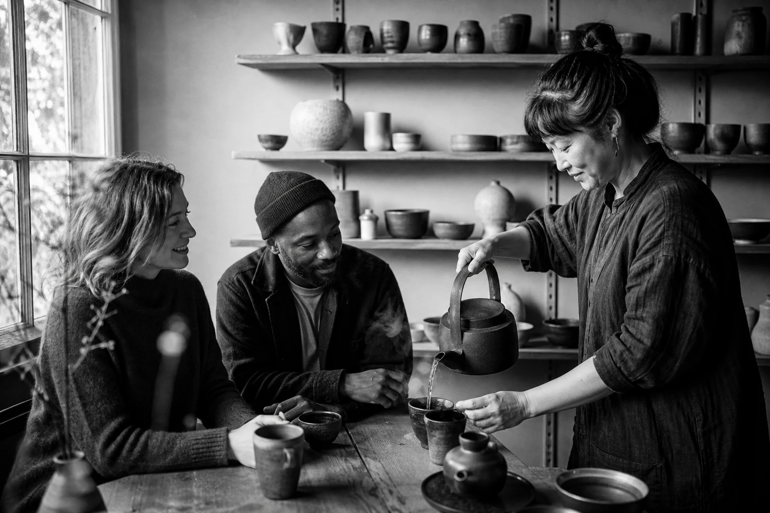 Ritual del té en estudio de cerámica.